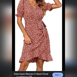 Kate Kasin Red Floral Faux Wrap Floral Ruffle Sleeve  Dress‎